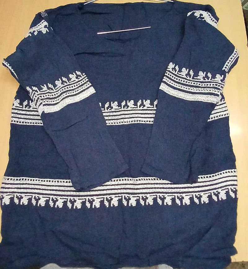 White Embroided Navy Blue Top