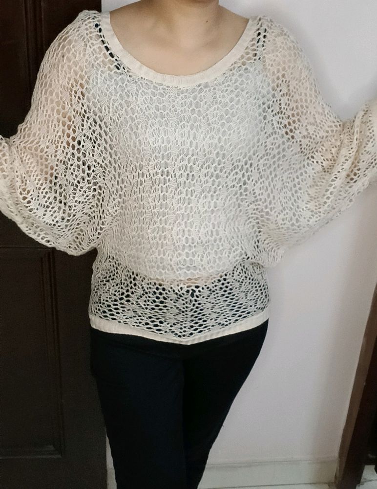 Leshop Women Beige Loose Fisher Style Crochet Top