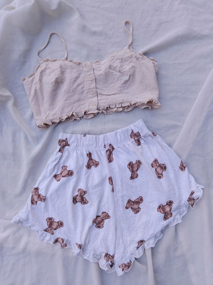 Cropped Tan Blouse And Teddy Bear Shorts