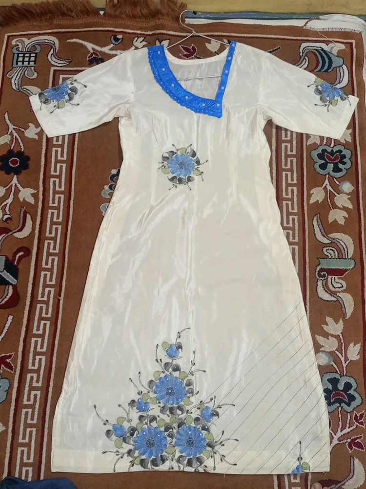 White Kurti With Blue Floral Work