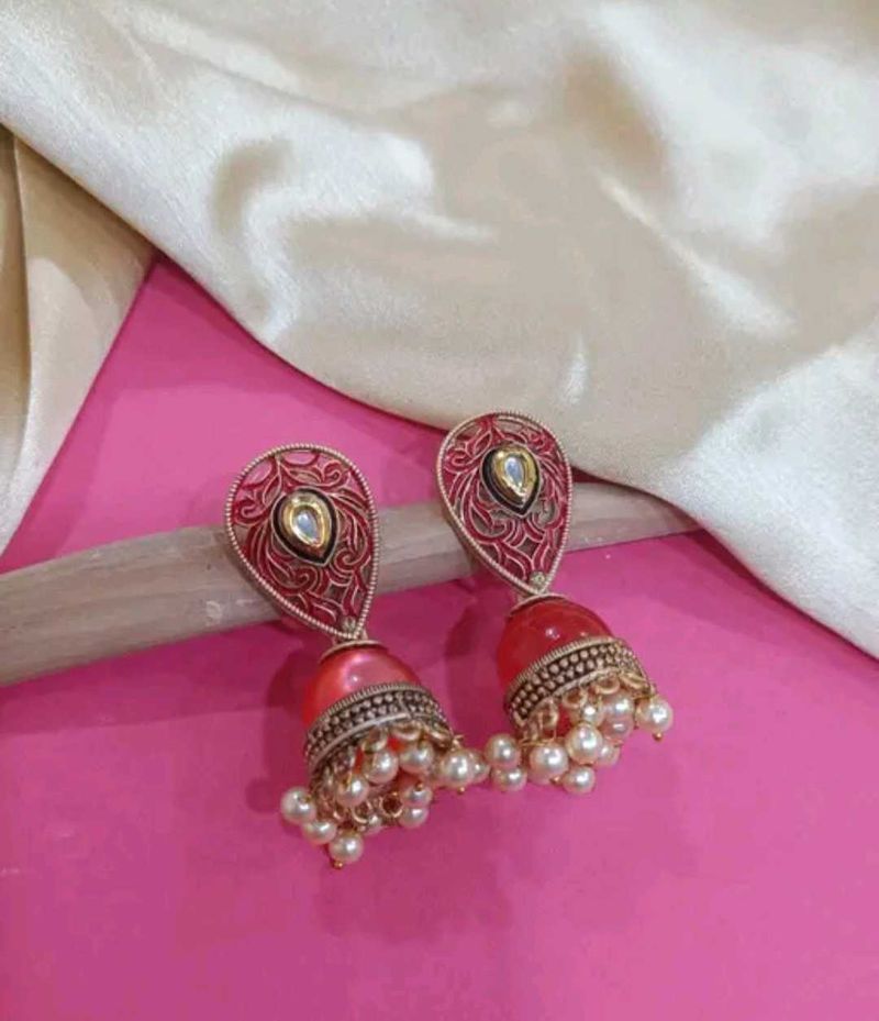 Ethnic Red Golden Pearl Jhumka