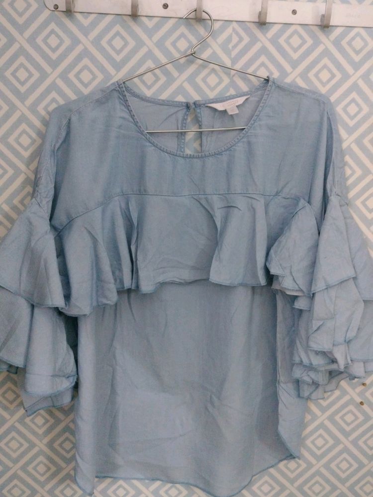 Sky Blue Blossom Sleeves Top