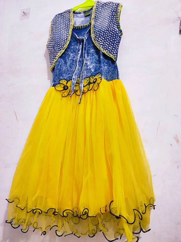 yellow denim frock with soft net material