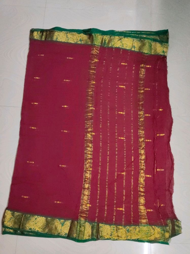 Maroon Colour Cotton Linen Pattu Saree