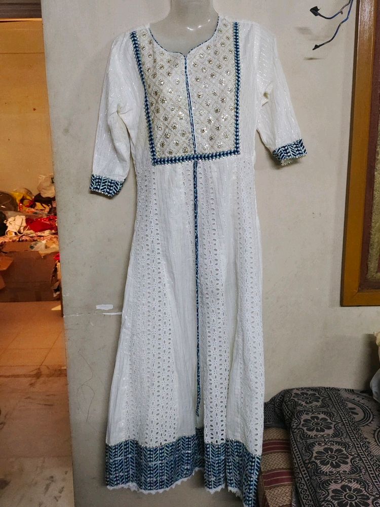 White Hakoba Anarkali Beautiful Silver Stripes