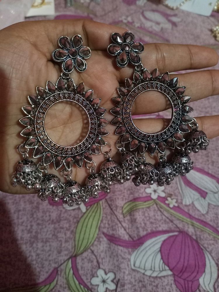 Silver Oxidized Long Earrings