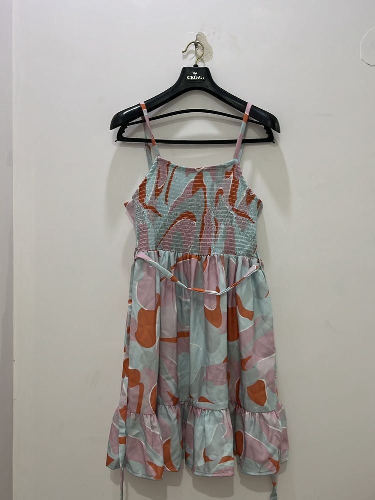 Printed Shirred Strappy A-Line Dress