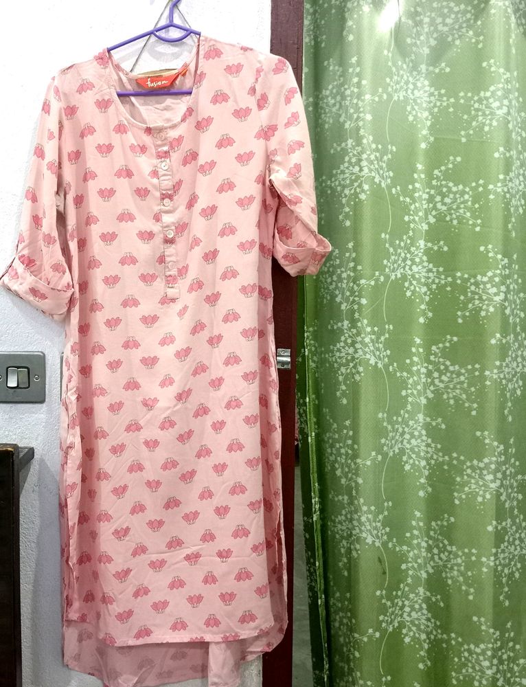 Pink Cotton Blend High Low Kurti