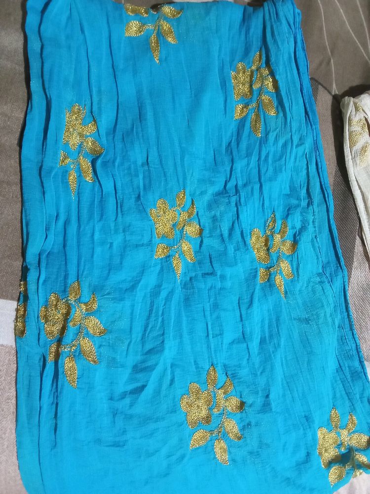 2 Work Dupatta Blue And Light Golden