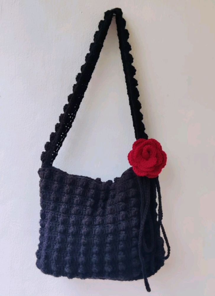 Crochet Black Popcorn With Rose Bag