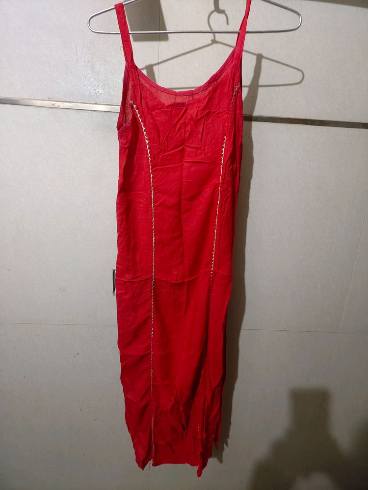 Red Kurta With Noodle Strip