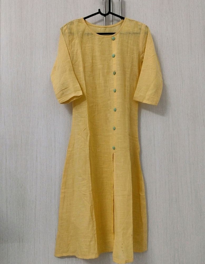 Yellow A- Line Slit Cotton 3/4th Sleeves Kurti