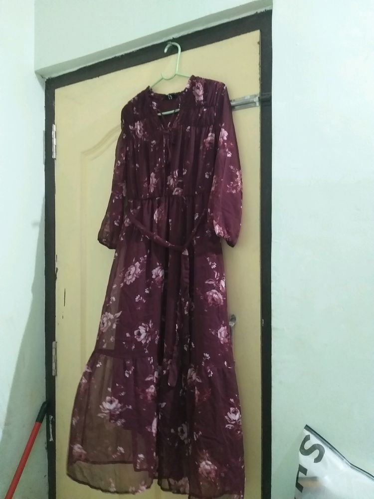 Wine Color Floral Print Long Dress