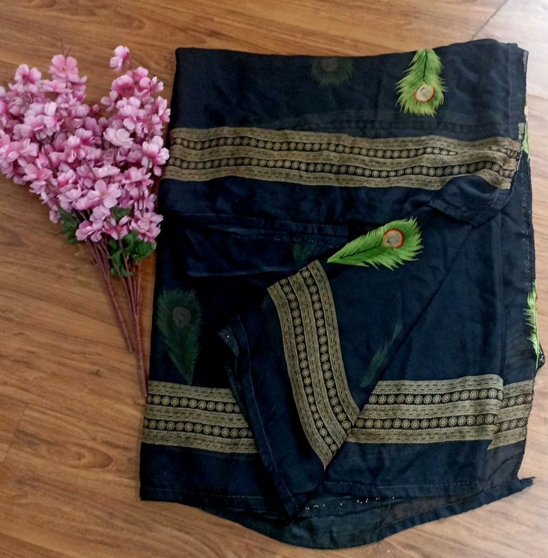 Black Colour Saree With Beautiful Peacock Print