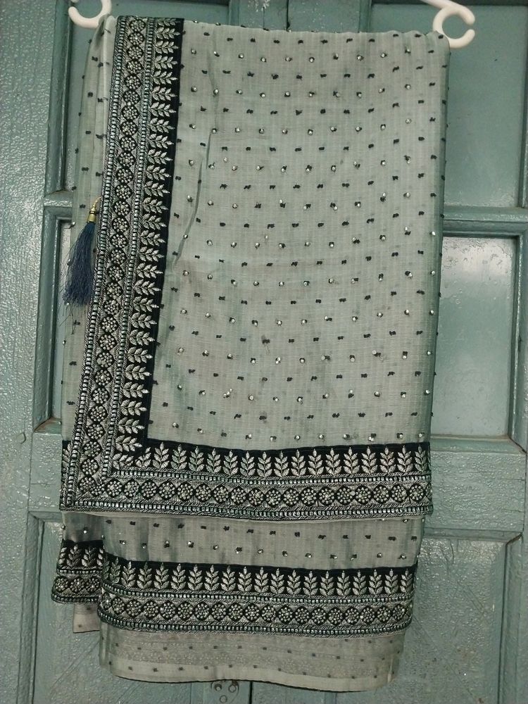 Embroidery Saree With Diamond Stone Work