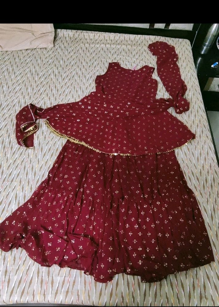 Maroon And Gold Kurti Sharara Set With Dupatta