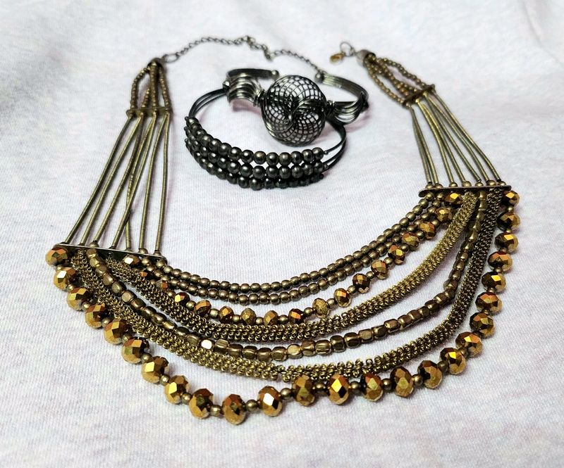 Ethnic Oxidised Gold Neckpiece & Bracelets