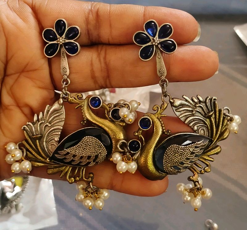 Silver Replica Blue Peacock Earrings