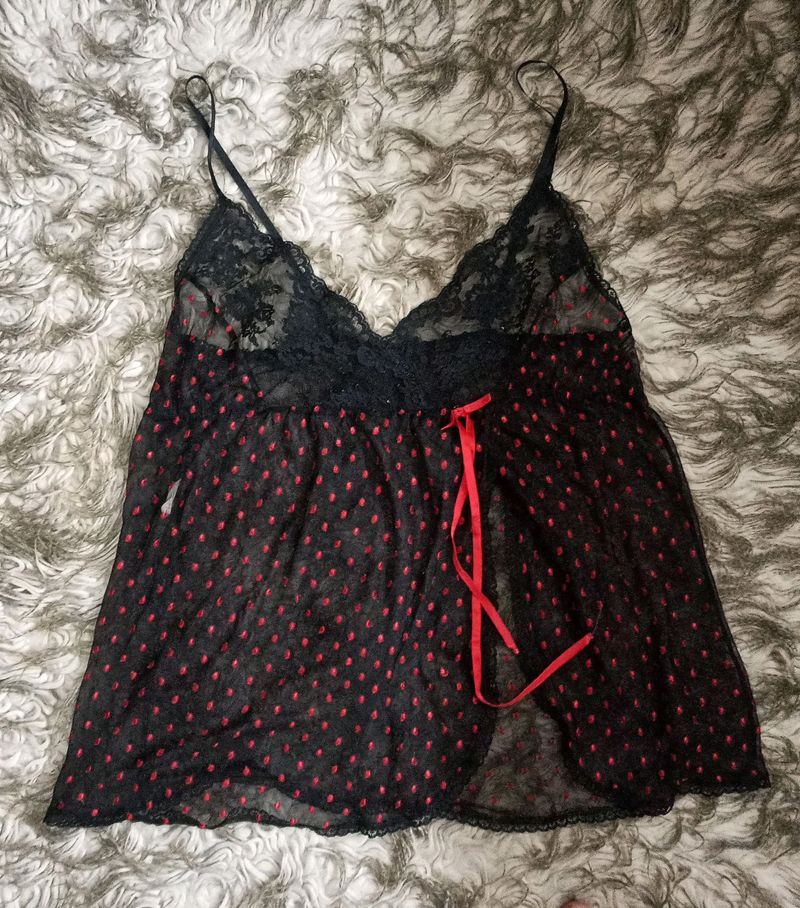 Black Net Cherry Red Detail Top