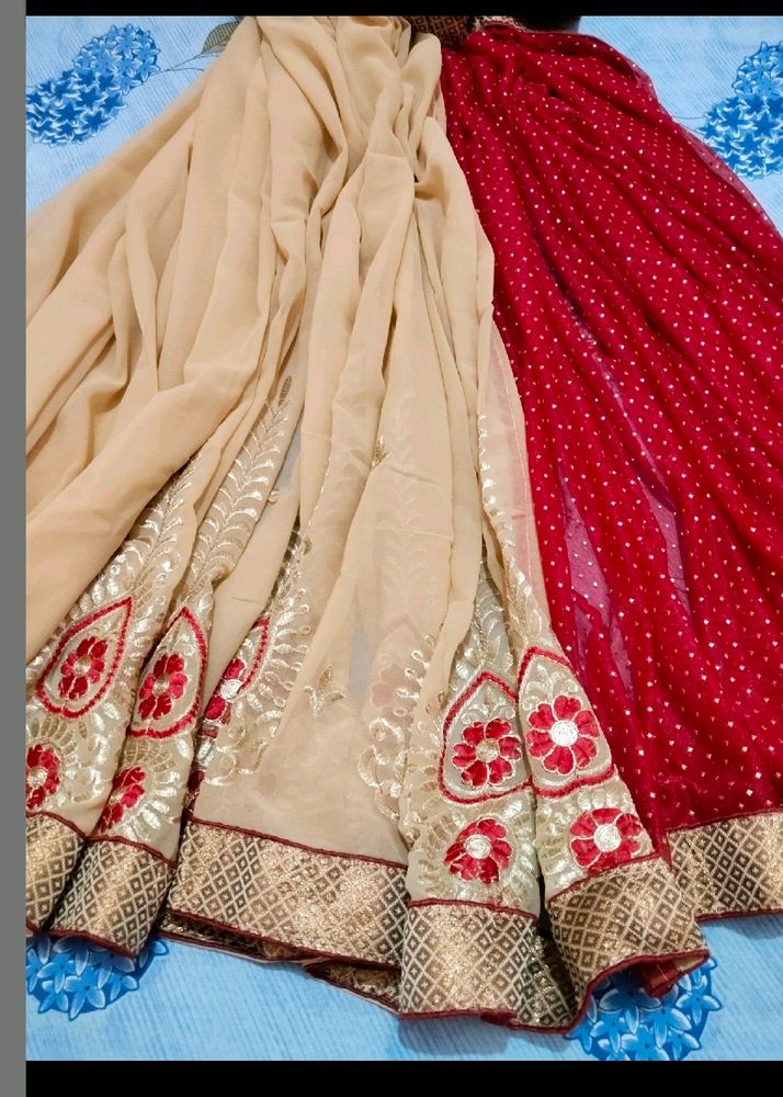 Beautiful Red And Golden Saree With Blouse Piece