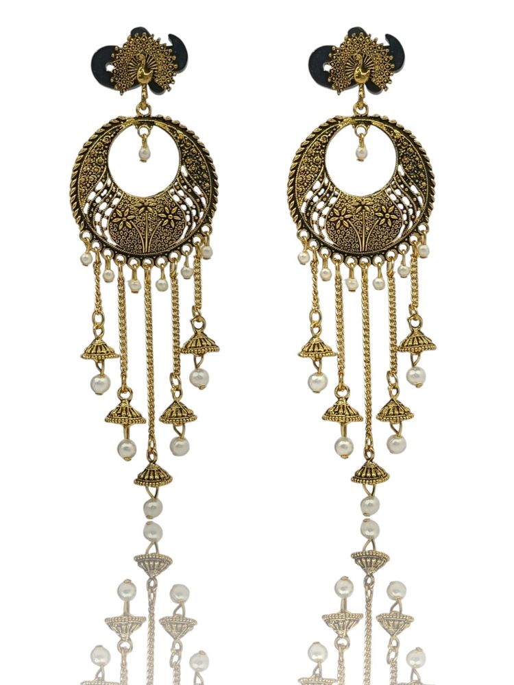 Brass Tone Oxidised Jhumki Earrings with Pearl Bea