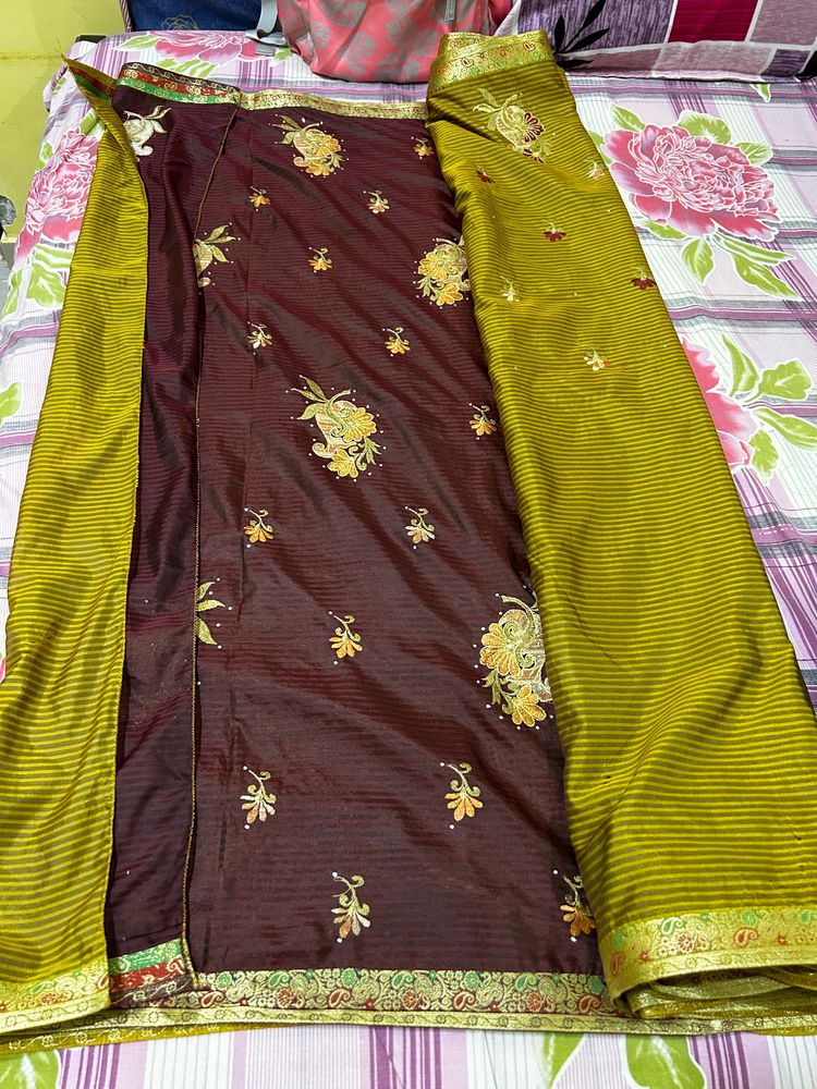 Olive Green Embroidered Beautiful Saree