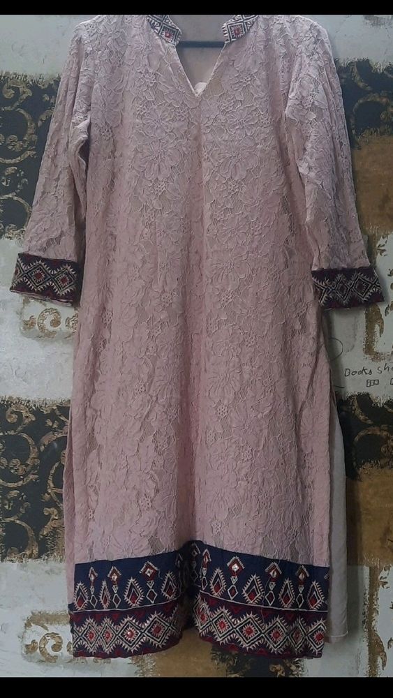 schiffli fabric pink embroidered kurti with lining