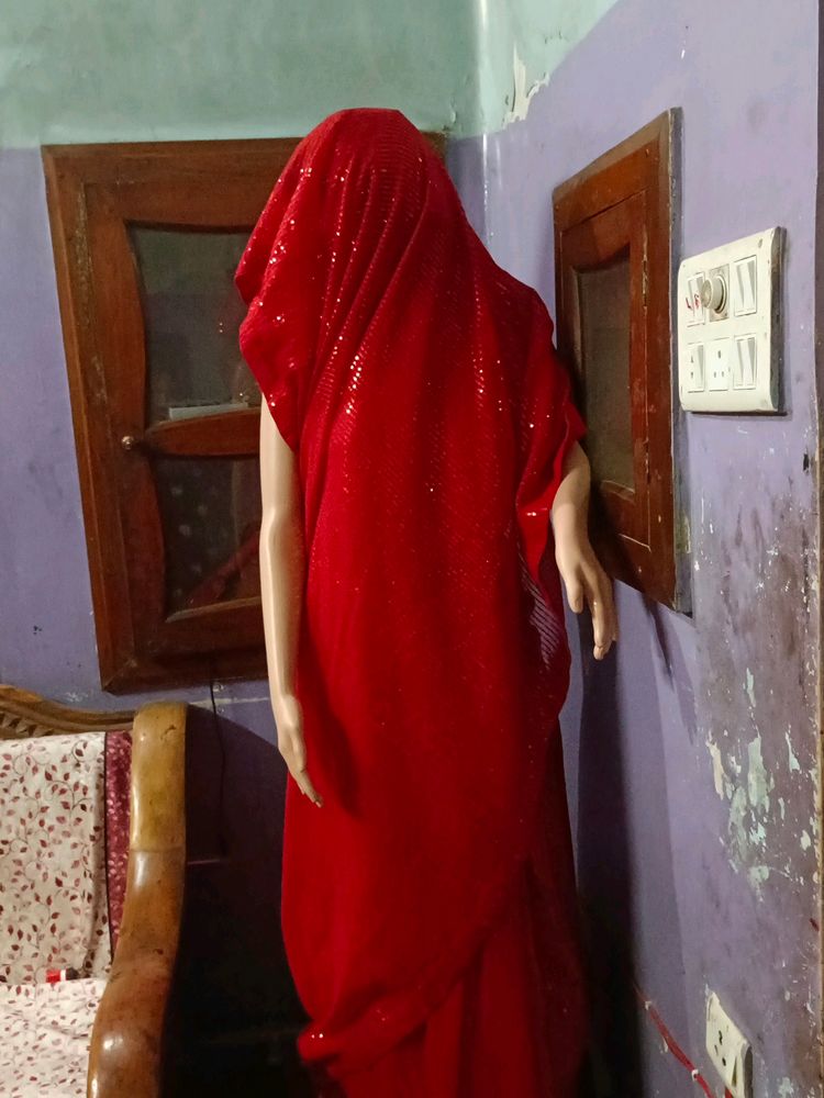 Ready To Wear Saaree Sequence Red Saree.