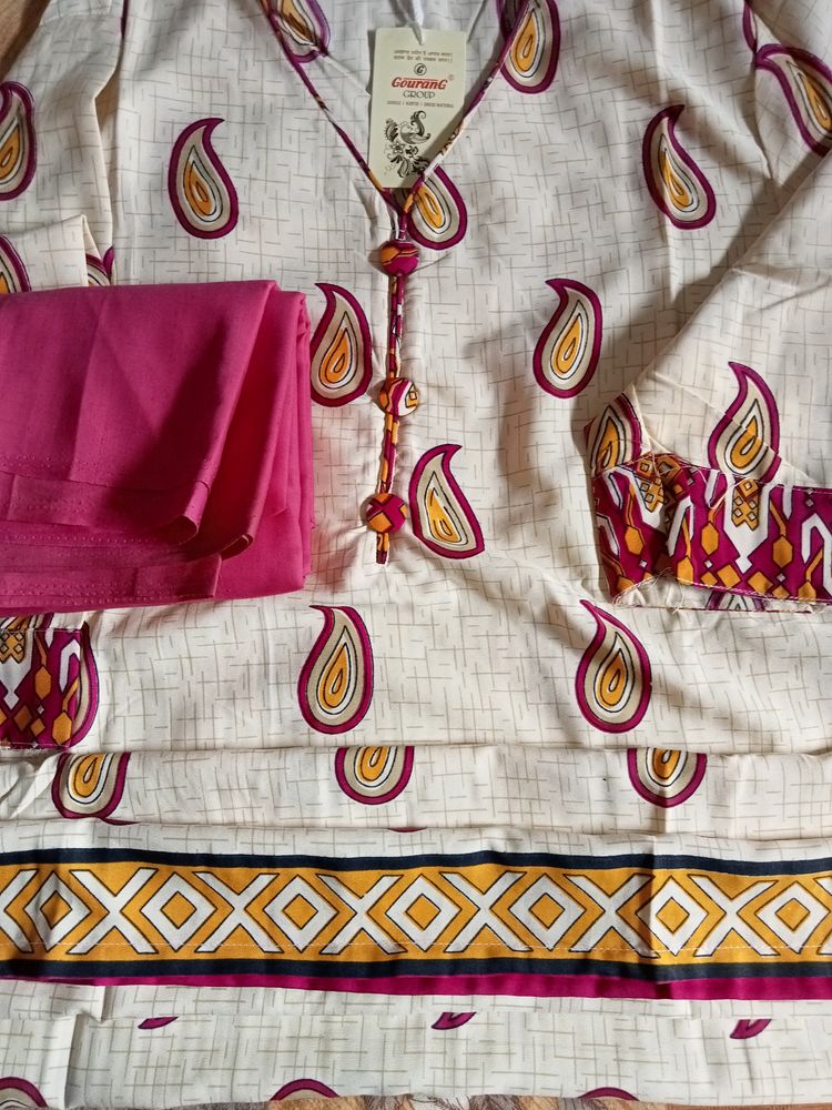 Creme Coloured Kurta With Pink Colour Work