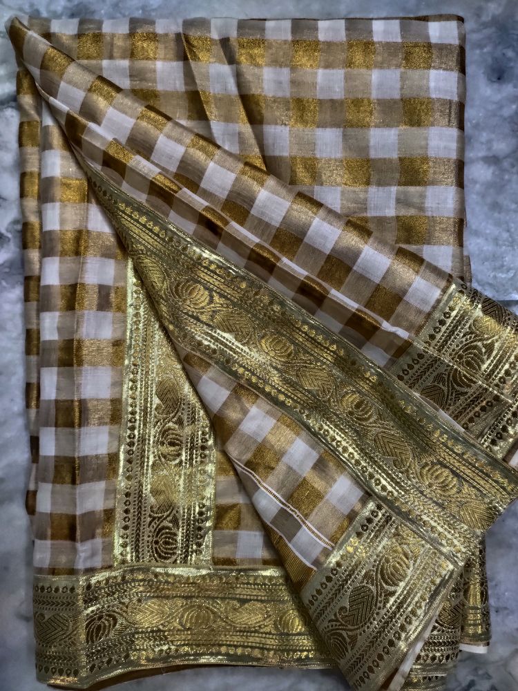 Beautiful Kerala Cotton Gold Cream ZariChecks Sari