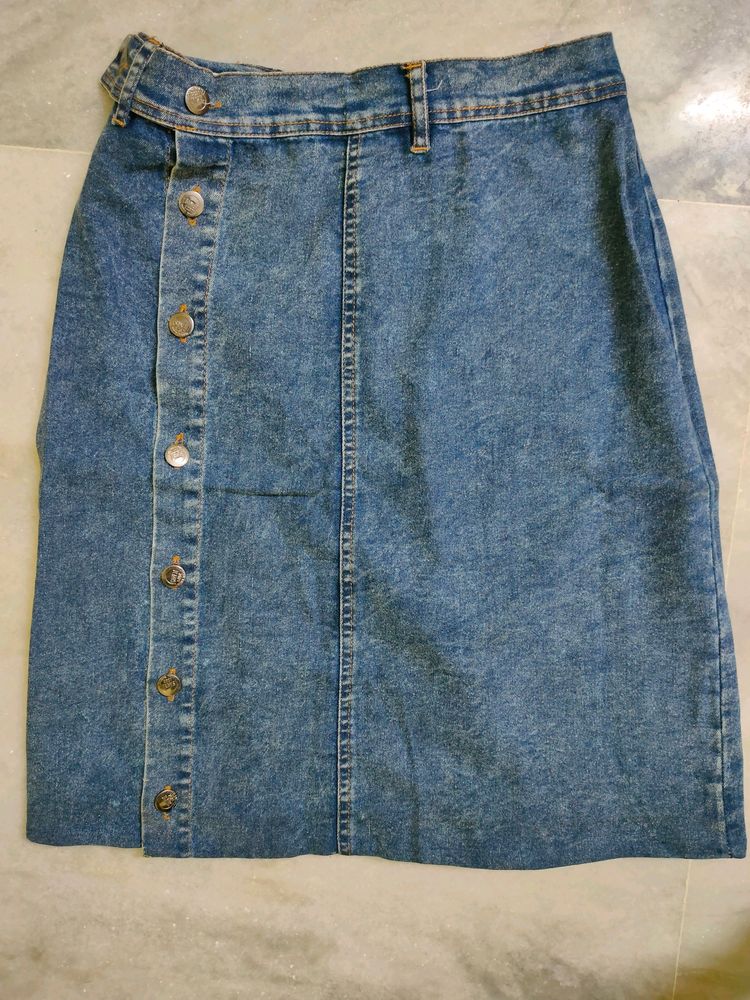 Side Slit Denim Skirt Knee Length With Button .