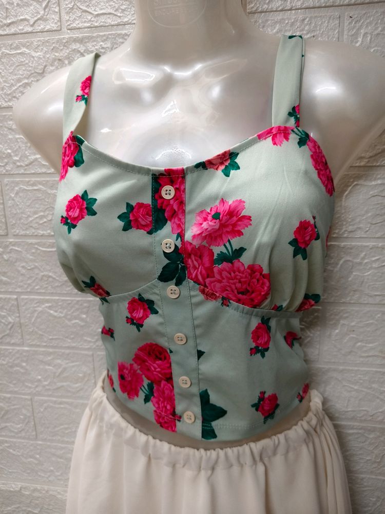 Light Green Floral Print Crop Top - Small to Mediu