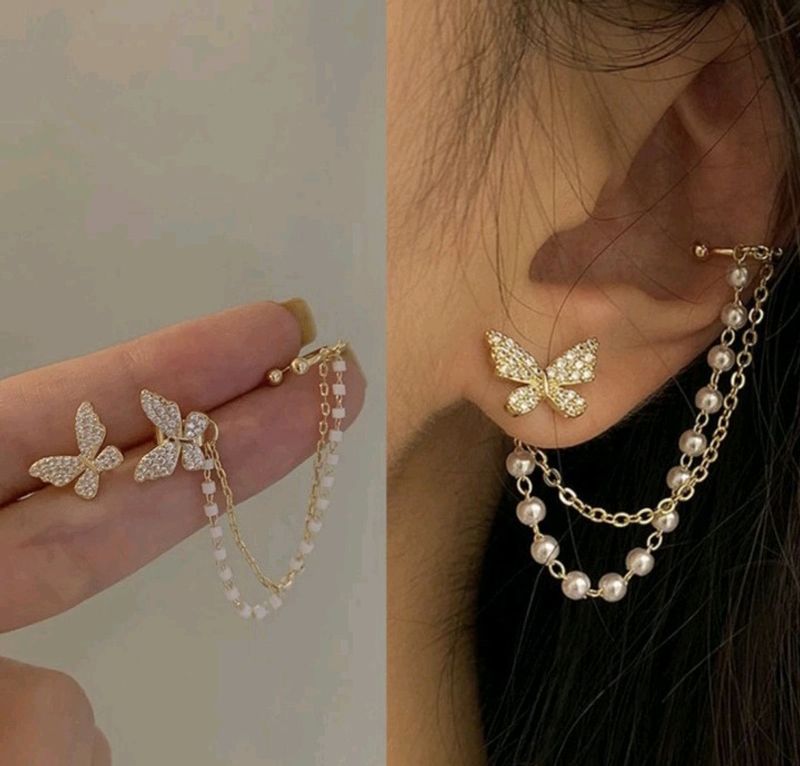 Korean earrings With Chain Cuff