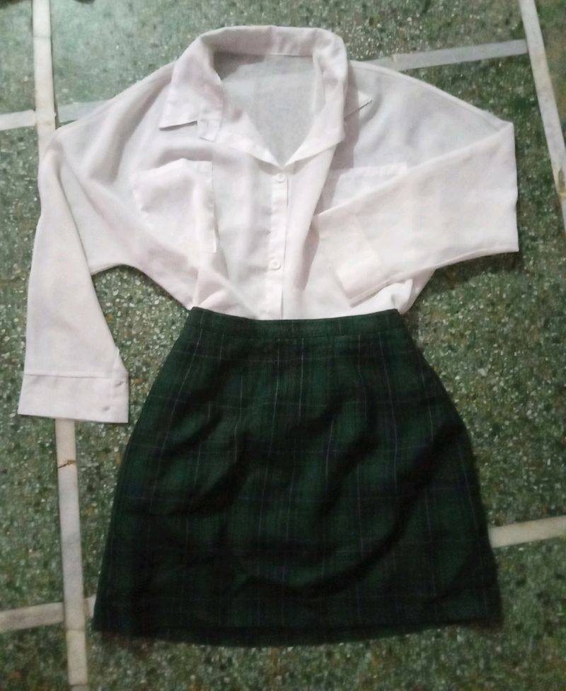 Combo Of White Shirt And Green Check Mini Skirt
