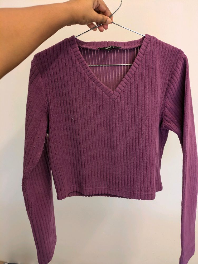 Purple Ribbed Full-sleeved Casual Top