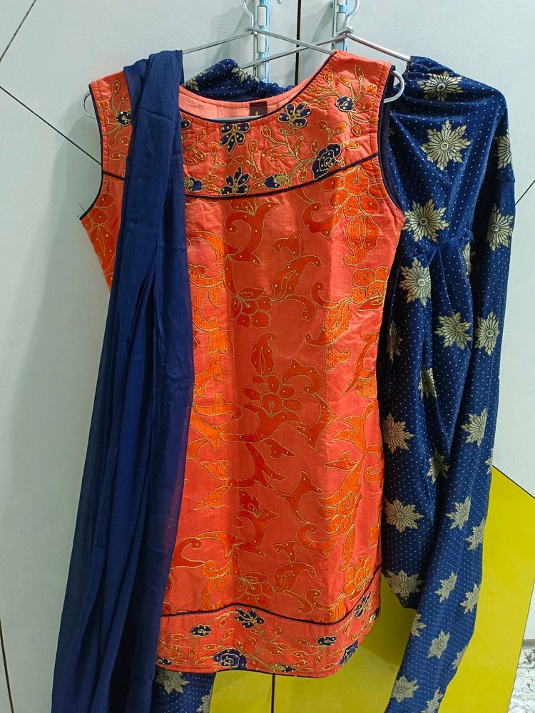 Orange And Blue Patiala Suit Set