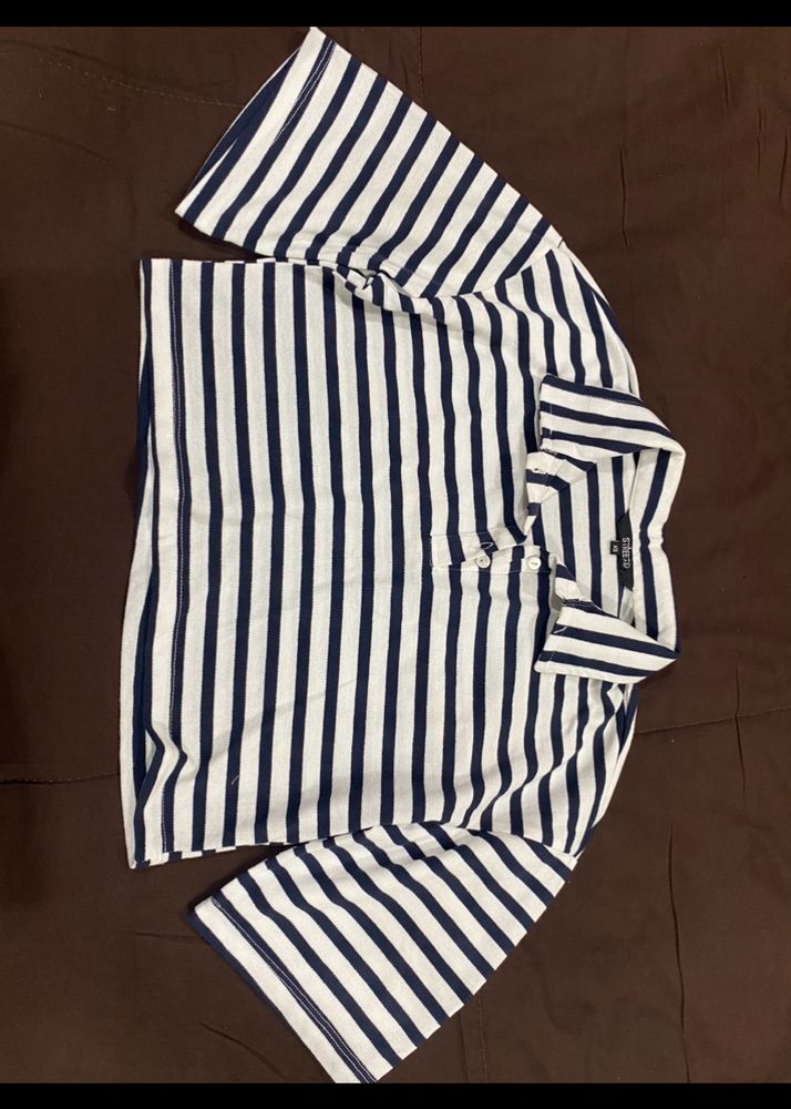 STREET 9 Blue Striped Polo Collar Cotton T.Shirt