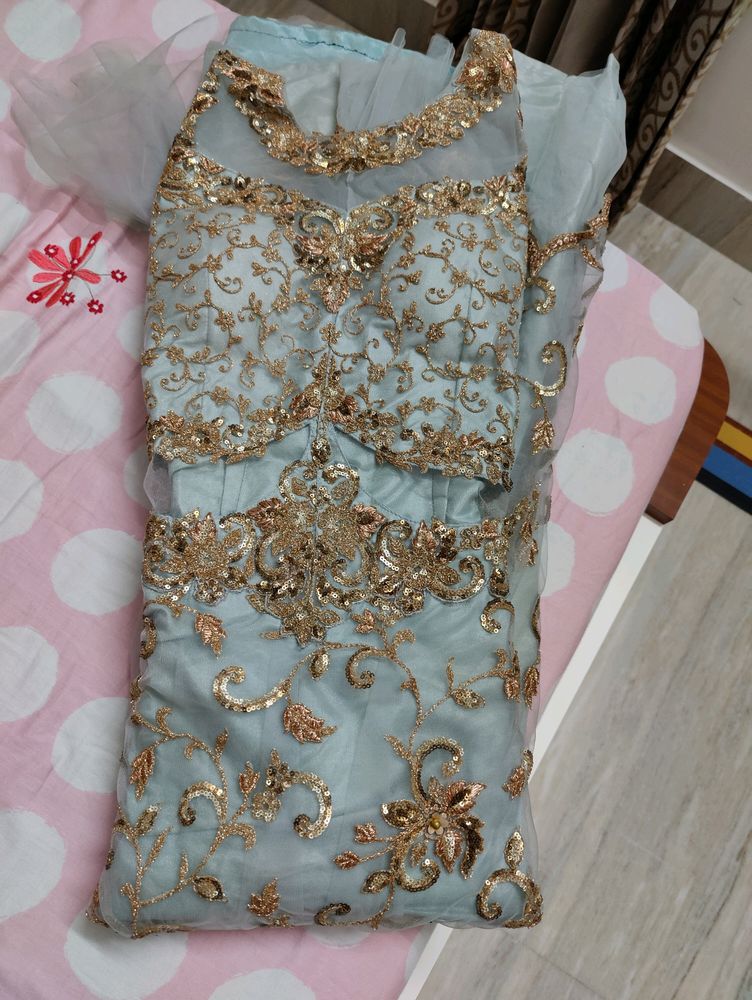 Dusky Blue Gown With Golden Thread Work