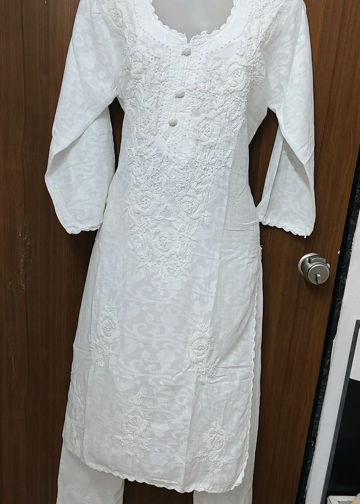 White Breasso Soft Mal Croshiya N Pearl Work Kurta