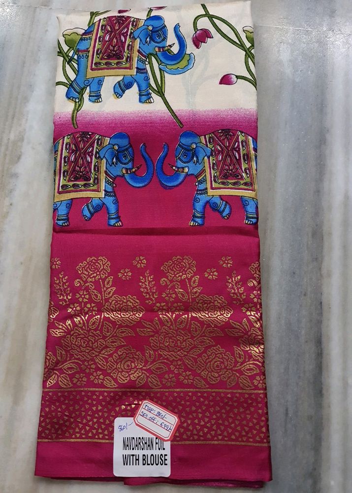 Cream With Pink Border Dola Foil Saree