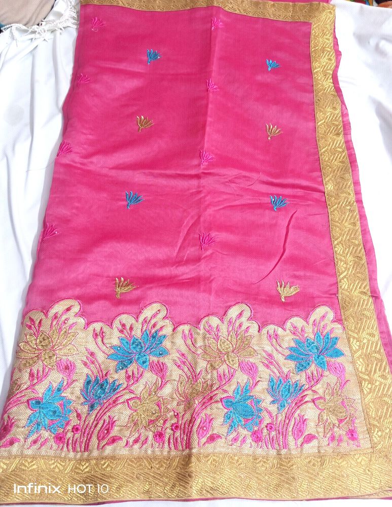 Tissue Cotton With Embroidery Work Saree