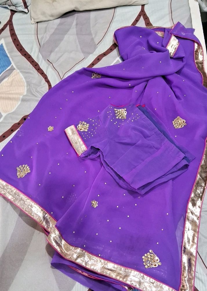 Sale🔴Gotta Patti Hand Work Saree With Blouse