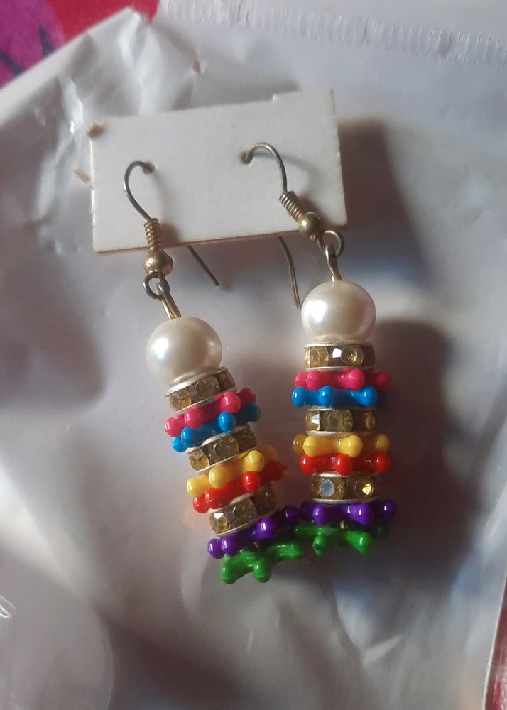 Pearl, Multicolour Beads And Stone Drop Earrings