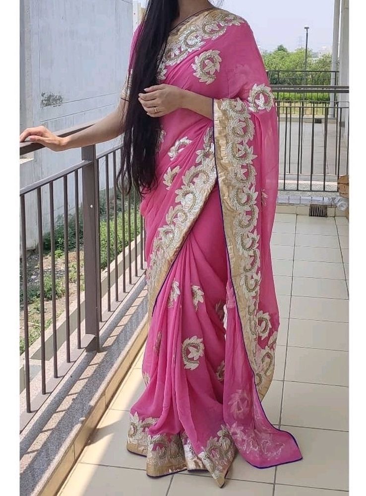 Pink Pure Georgette Gota Patti Saree