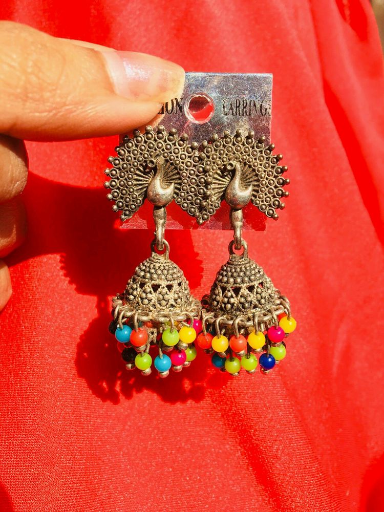 Oxides Peacock Jhumka With Colourful Beads