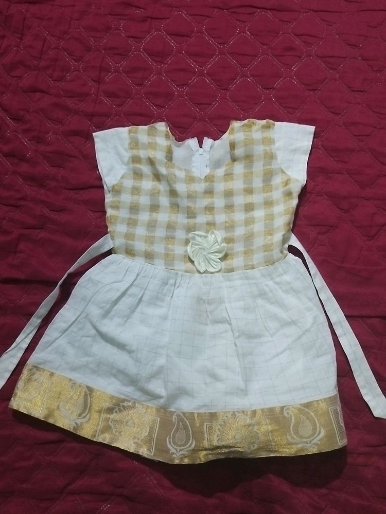 White And Golden Cotton Frock