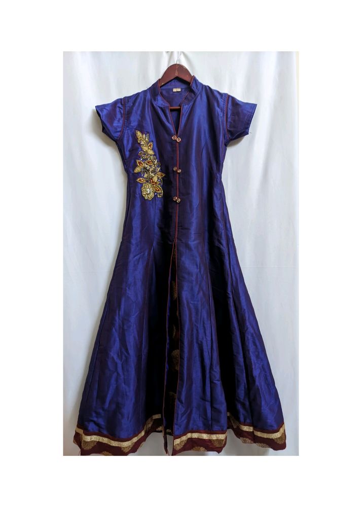 Embroidered Navy Blue And Red Ethnic Gown