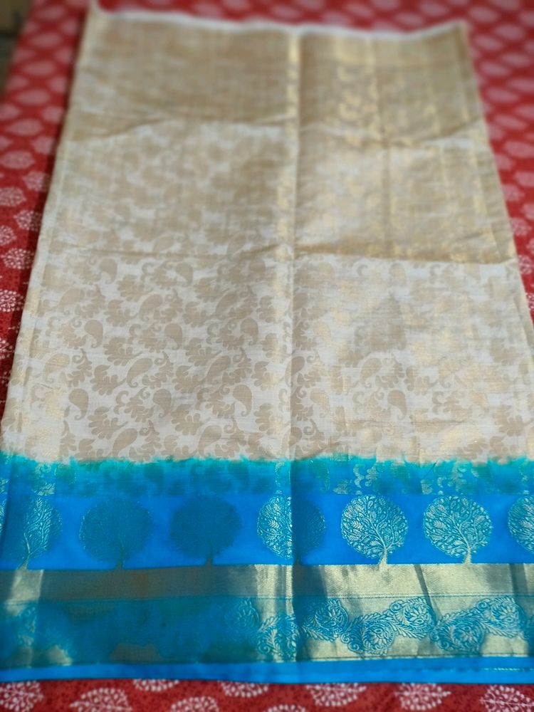 Cream With Blue Saree