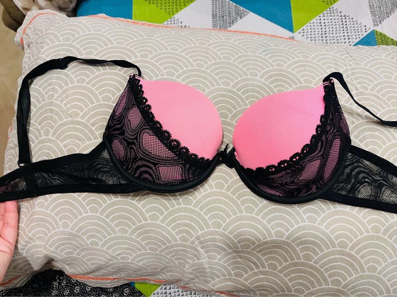 Pink And Black Bra With Lace Pattern