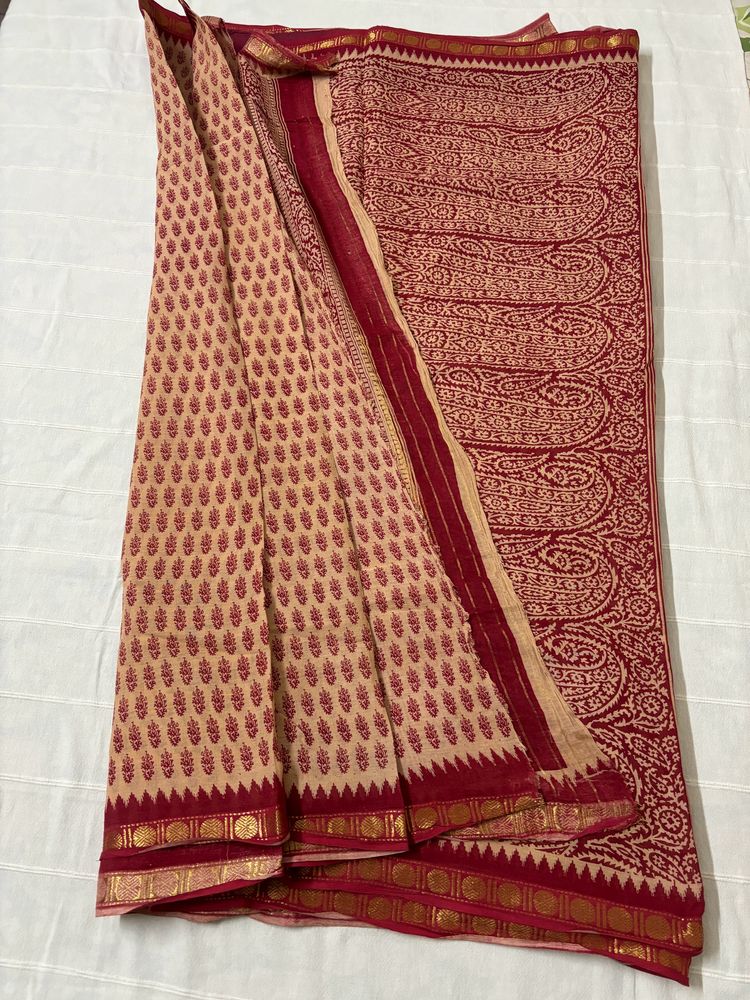 Maroon Pure Cotton Saree with Blouse